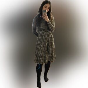 Brown plaid matching set long sleeves shirt and knee length skirt